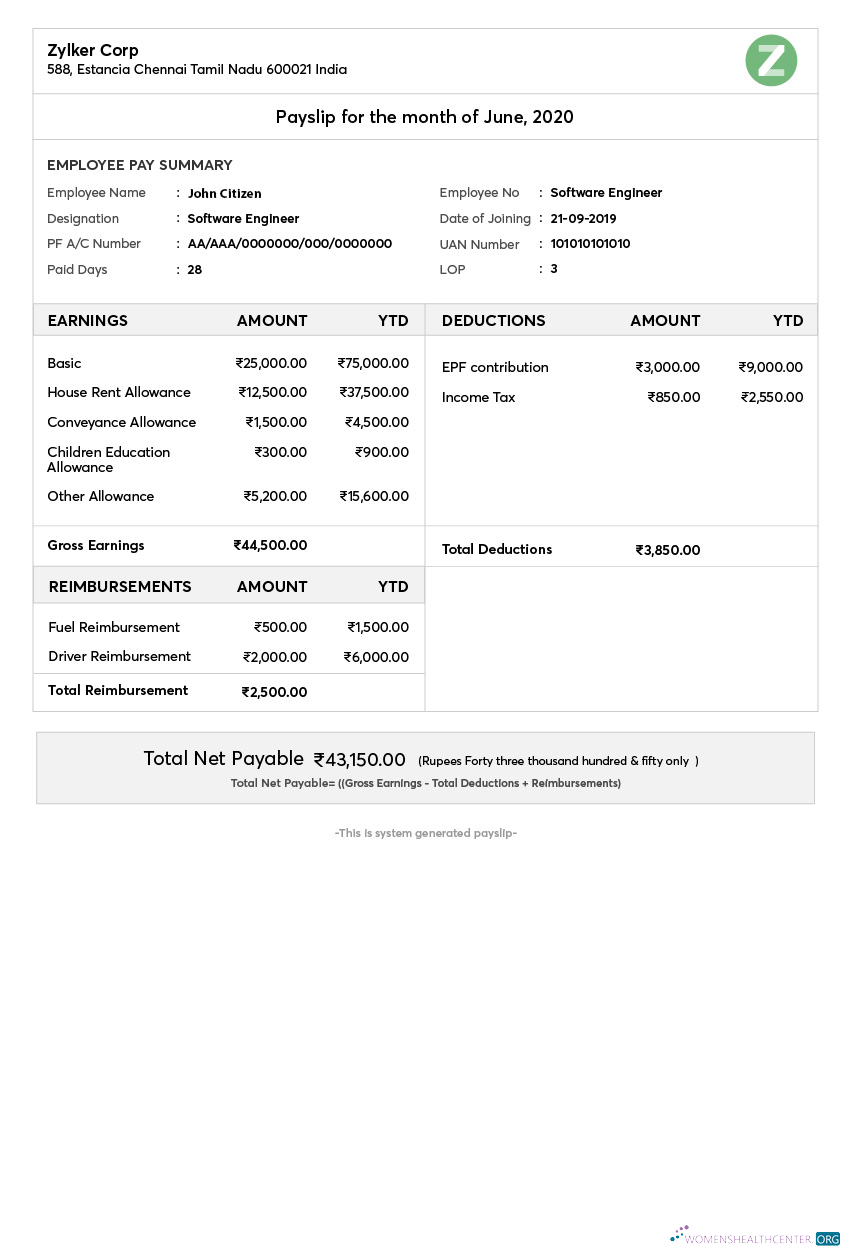 Download INDIA ZYLKER corporation payslip template in Word and PDF formats Photoshop template